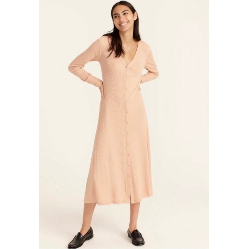 NWT J. Crew Ribbed Stretchy Knit Button-Up A-Line Midi Dress Camel Small